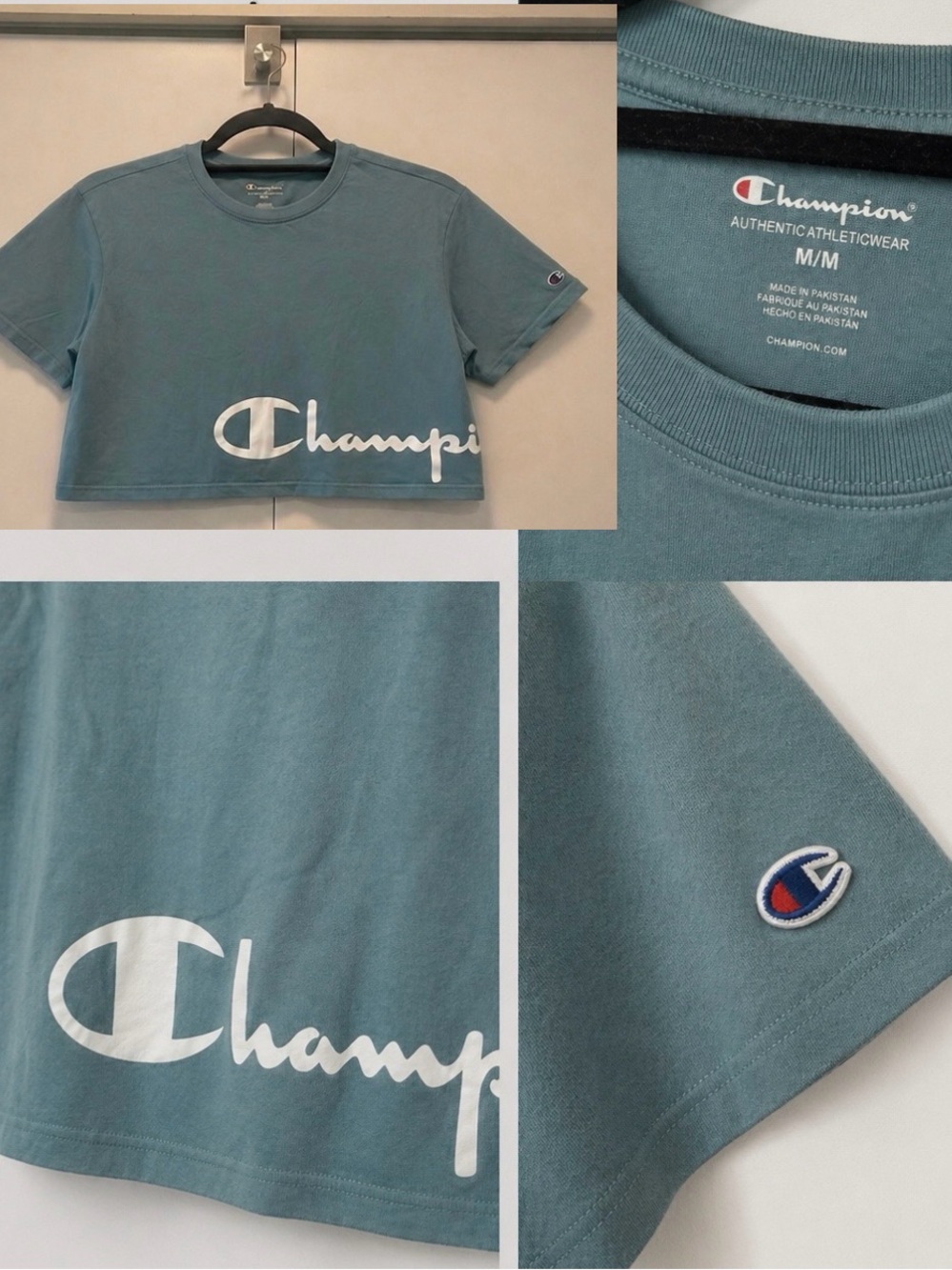 Champion Teal Women's Size Medium Cropped Logo Tee T Shirt Crew Neck Blue